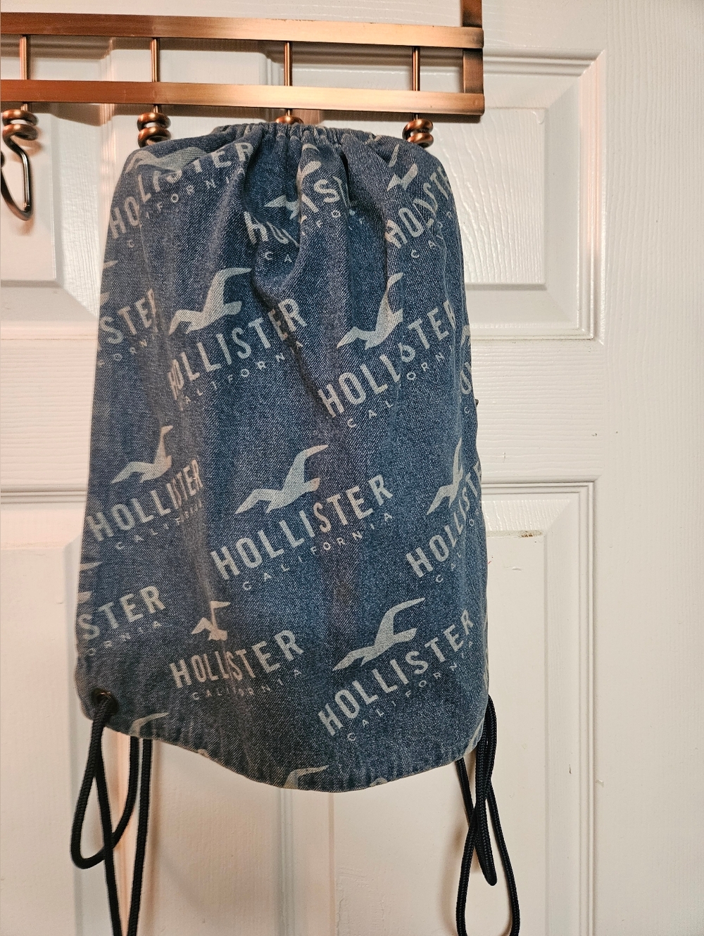 Hollister Denim Blue Logo Drawstring Backpack